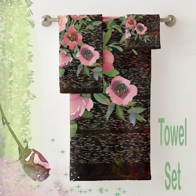 Pink floral black  bath towel set (Pink floral black watercolor beautiful towel set of 3 towels
)