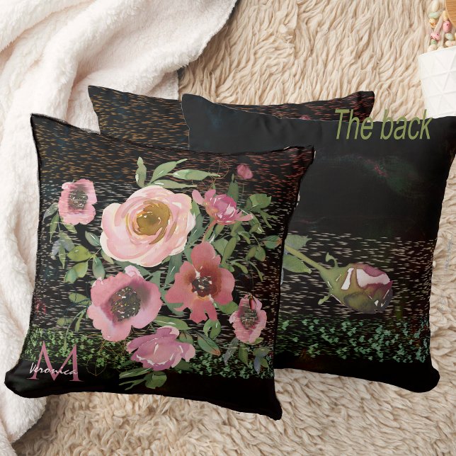Pink Floral Black Cushion (Pink floral black throw pillow double -sided)