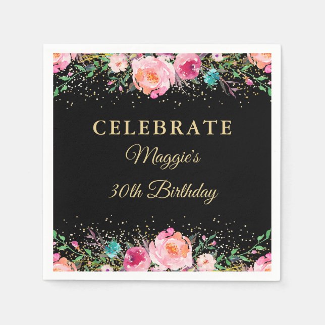 Pink Floral Black Gold Birthday Party Paper Napkin (Front)