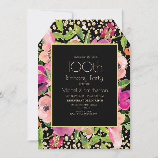 Pink Floral Black Gold Glitter 100th Birthday Card (Front)
