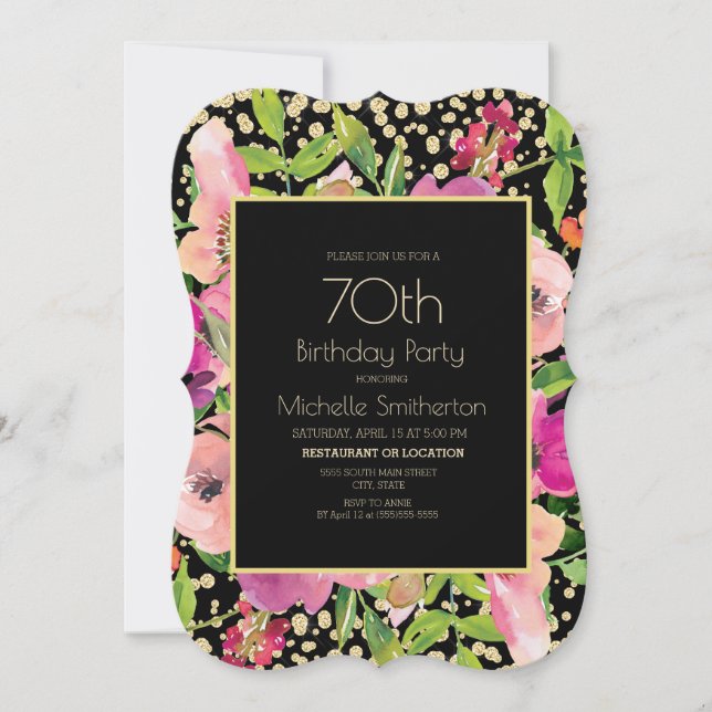 Pink Floral Black Gold Glitter 70th Birthday Card (Front)
