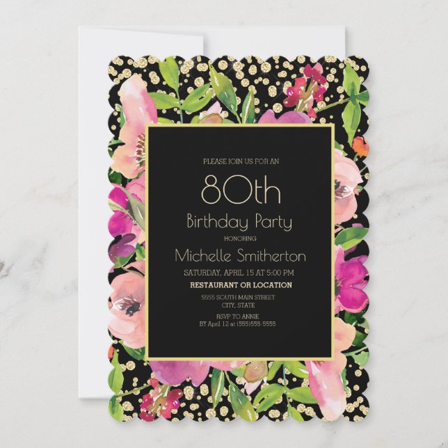 Pink Floral Black Gold Glitter 80th Birthday Card (Front)