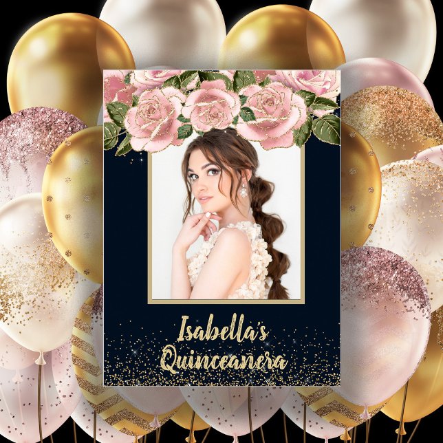 Pink Floral Black Gold Photo Quinceañera Birthday Poster (Creator Uploaded)