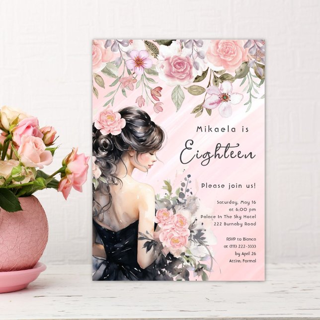 Pink Floral Black Gown 18th Birthday Invitation (Creator Uploaded)