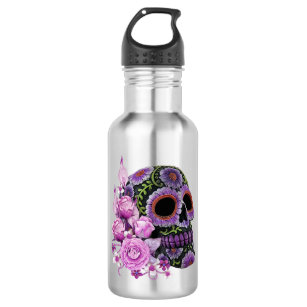Pink Floral Black Sugar Skull Day Of The Dead 532 Ml Water Bottle