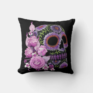 Pink Floral Black Sugar Skull Day Of The Dead Cushion