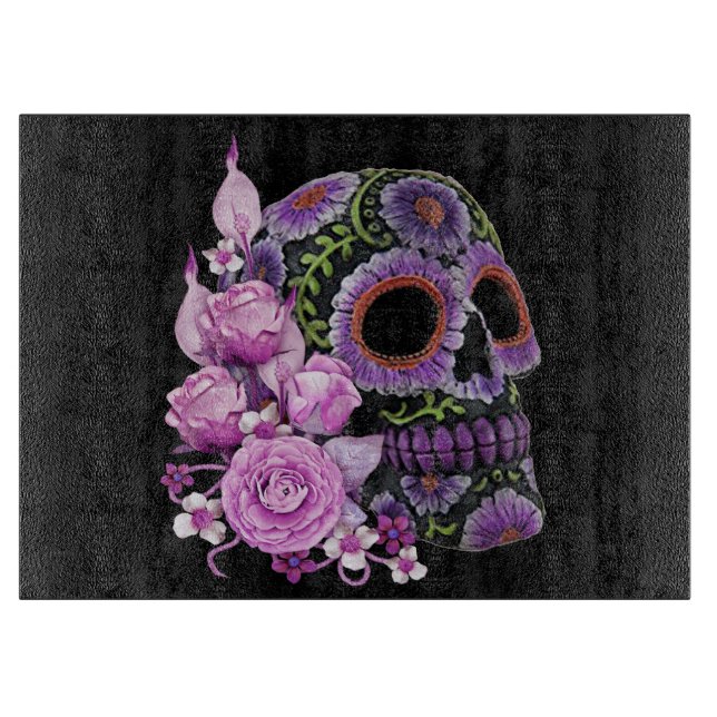 Pink Floral Black Sugar Skull Day Of The Dead Cutting Board (Front)
