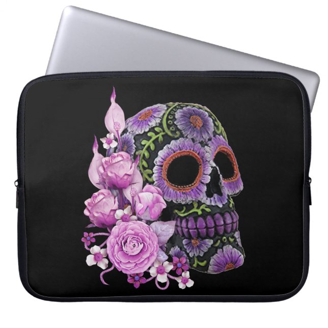 Pink Floral Black Sugar Skull Day Of The Dead Laptop Sleeve (Front)