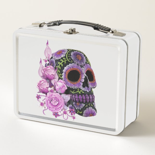Pink Floral Black Sugar Skull Day Of The Dead Metal Lunch Box (Front)