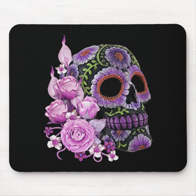 Pink Floral Black Sugar Skull Day Of The Dead Mouse Pad (Front)
