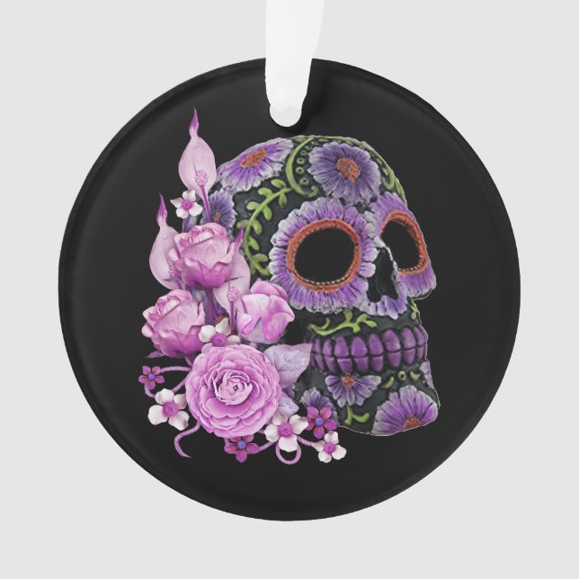 Pink Floral Black Sugar Skull Day Of The Dead Ornament (Front)