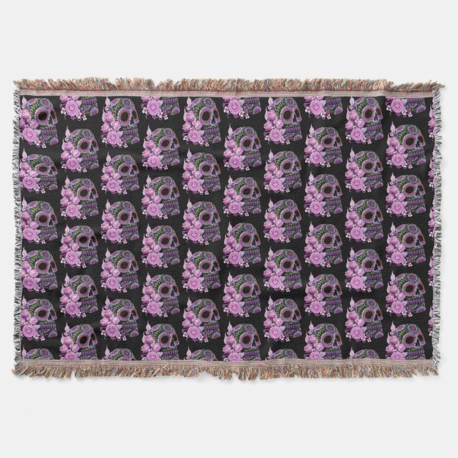 Pink Floral Black Sugar Skull Day Of The Dead Throw Blanket (Front)