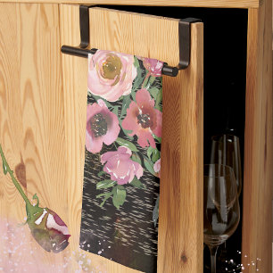 Pink Floral Black Tea Towel