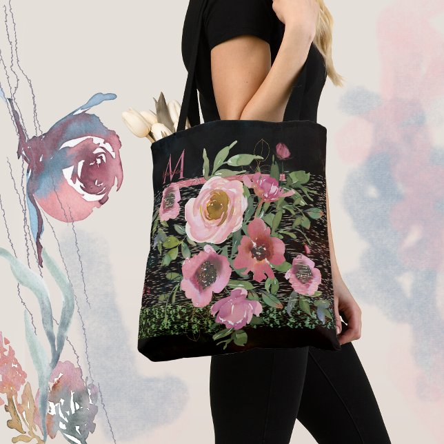 Pink Floral Black Tote Bag (pink floral black tote bag with Monogram)