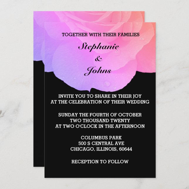 Pink Floral Black White Cool Rose Trendy Wedding Invitation (Front/Back)