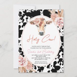 Pink Floral Black White Cow Print Birthday Invitation