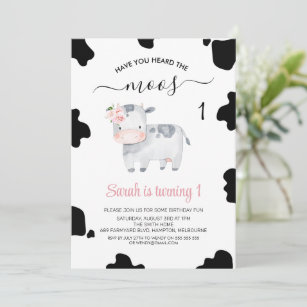 Pink Floral Black White Gray Cow Print Birthday Invitation