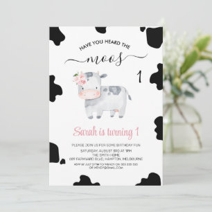Pink Floral Black White Grey Cow Print Birthday Invitation