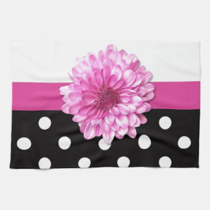 Pink floral black white polka dots girly tea towel