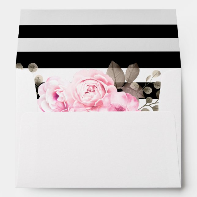 Pink Floral Black & White Stripe Elegant Address Envelope (Back (Bottom))