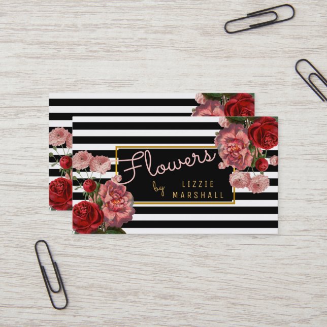 Pink Floral | Black White Stripes Flower Florist Business Card (Front/Back In Situ)