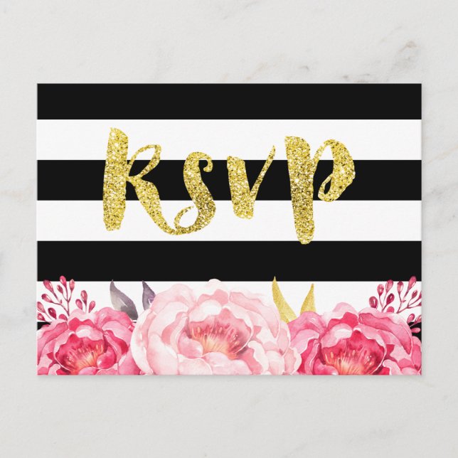 Pink Floral Black White Stripes Gold Glitter RSVP Invitation Postcard (Front)