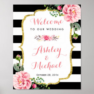 Pink Floral Black White Stripes   Wedding Sign