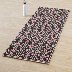 Pink Floral Block Pattern on Blue Yoga Mat