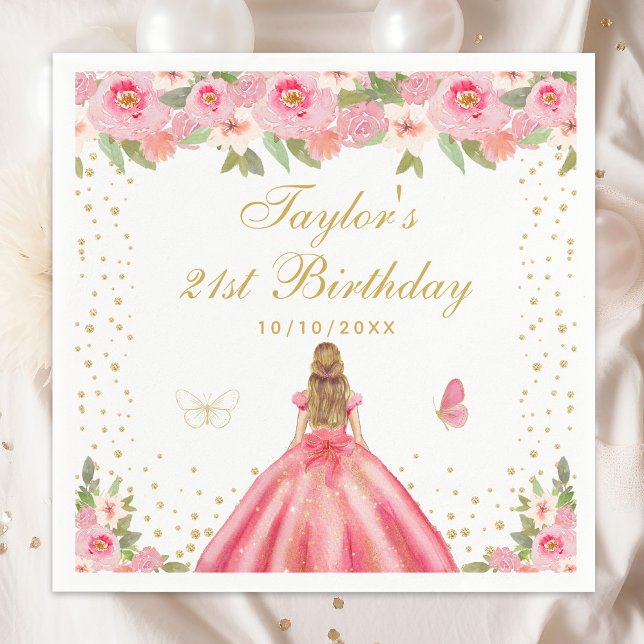 Pink Floral Blonde Hair Girl Birthday Party Napkin (Creator Uploaded)
