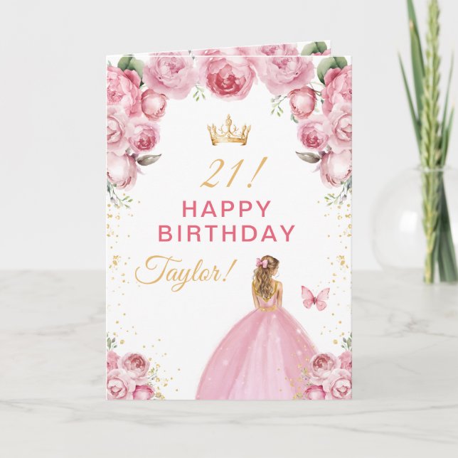 Pink Floral Blonde Hair Girl Happy Birthday Card (Front)