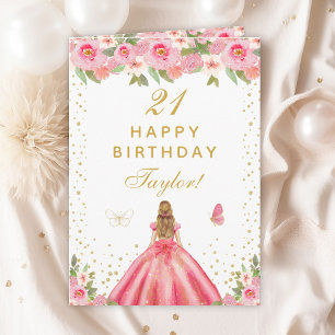 Pink Floral Blonde Hair Girl Happy Birthday Card