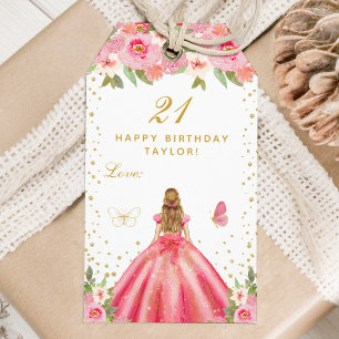 Pink Floral Blonde Hair Girl Happy Birthday Gift Tags