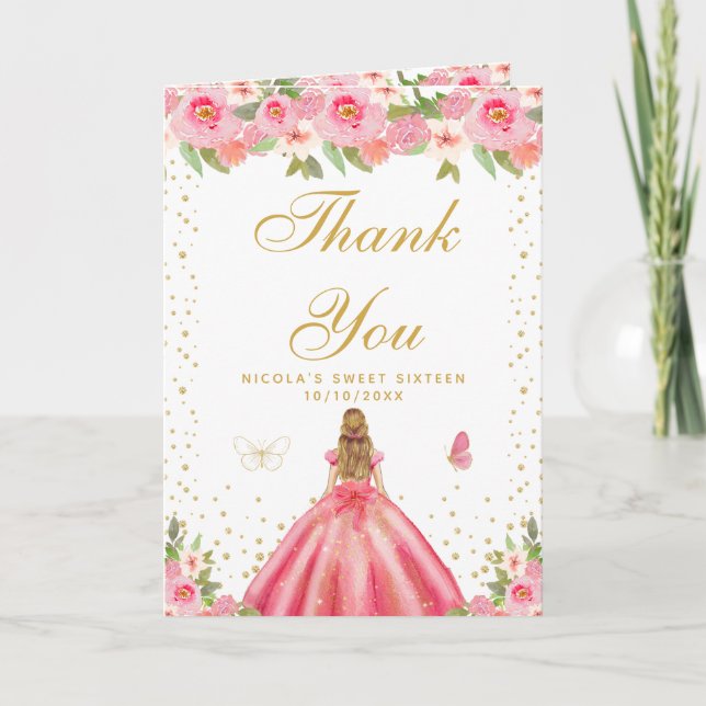 Pink Floral Blonde Hair Girl Sweet Sixteen Thank You Card (Front)