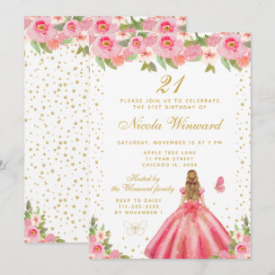 Pink Floral Blonde Hair Princess Birthday Party Invitation