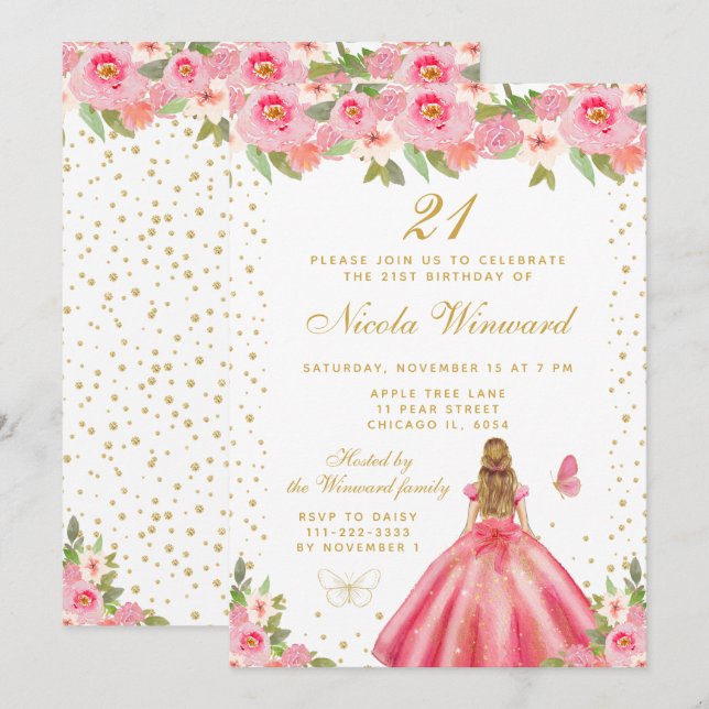 Pink Floral Blonde Hair Princess Birthday Party Invitation (Front/Back)