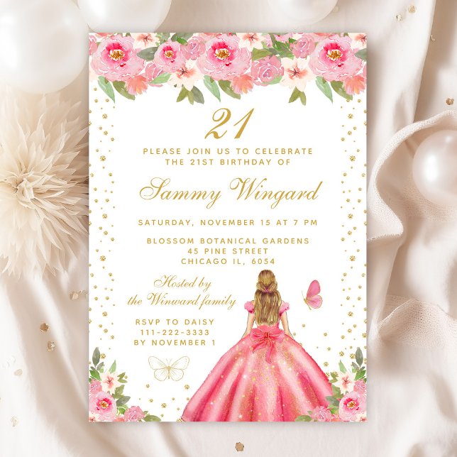 Pink Floral Blonde Hair Princess Birthday Party Invitation (Creator Uploaded)