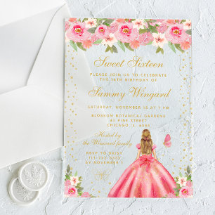 Pink Floral Blonde Hair Princess Sweet Sixteen Acrylic Invitations