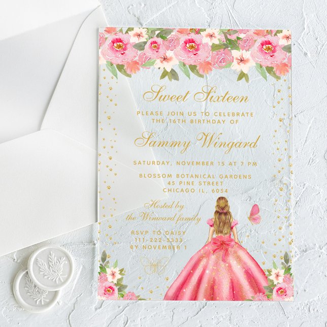 Pink Floral Blonde Hair Princess Sweet Sixteen Acrylic Invitations (Creator Uploaded)