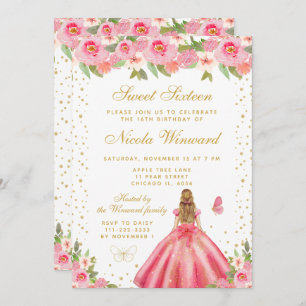 Pink Floral Blonde Hair Princess Sweet Sixteen Invitation