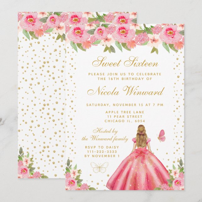 Pink Floral Blonde Hair Princess Sweet Sixteen Invitation (Front/Back)