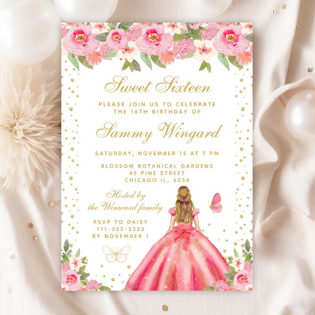 Pink Floral Blonde Hair Princess Sweet Sixteen Invitation (Creator Uploaded)