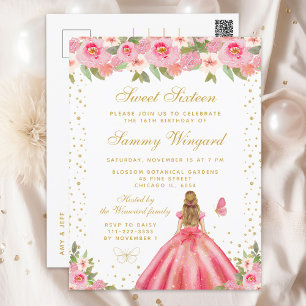 Pink Floral Blonde Hair Princess Sweet Sixteen Postcard