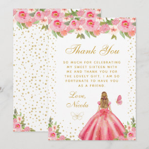Pink Floral Blonde Hair Princess Sweet Sixteen Thank You Card