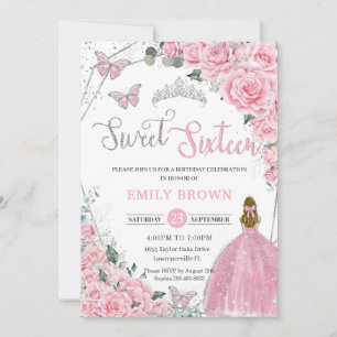 Pink Floral Blonde Princess Sweet 16 Birthday Invitation
