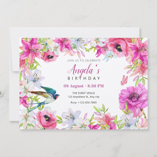Pink floral bloom artistic birthday invitation (Front)