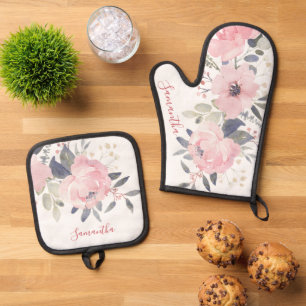 Pink Floral Bloom Watercolor Script Personalised Oven Mitt & Pot Holder Set