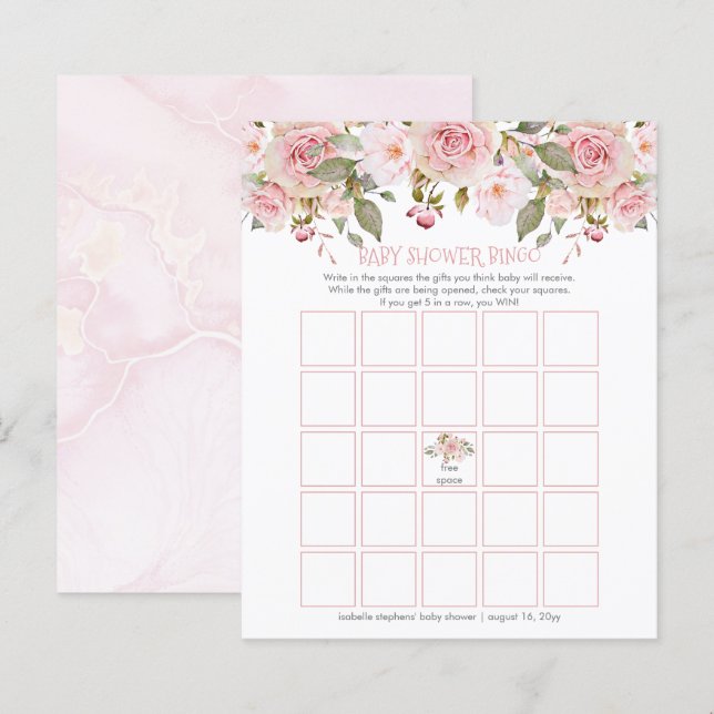 Pink Floral Blooms Baby Shower Bingo Card (Front/Back)