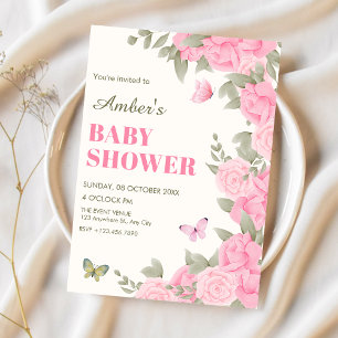 Pink floral blossom baby shower invitation