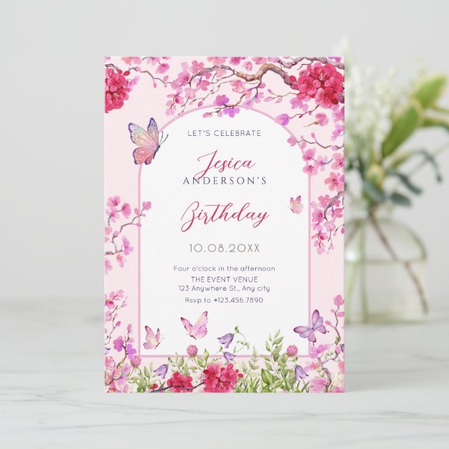 Pink floral blossom butterflies birthday invitation (Standing Front)