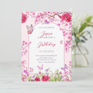 Pink floral blossom butterflies birthday invitation